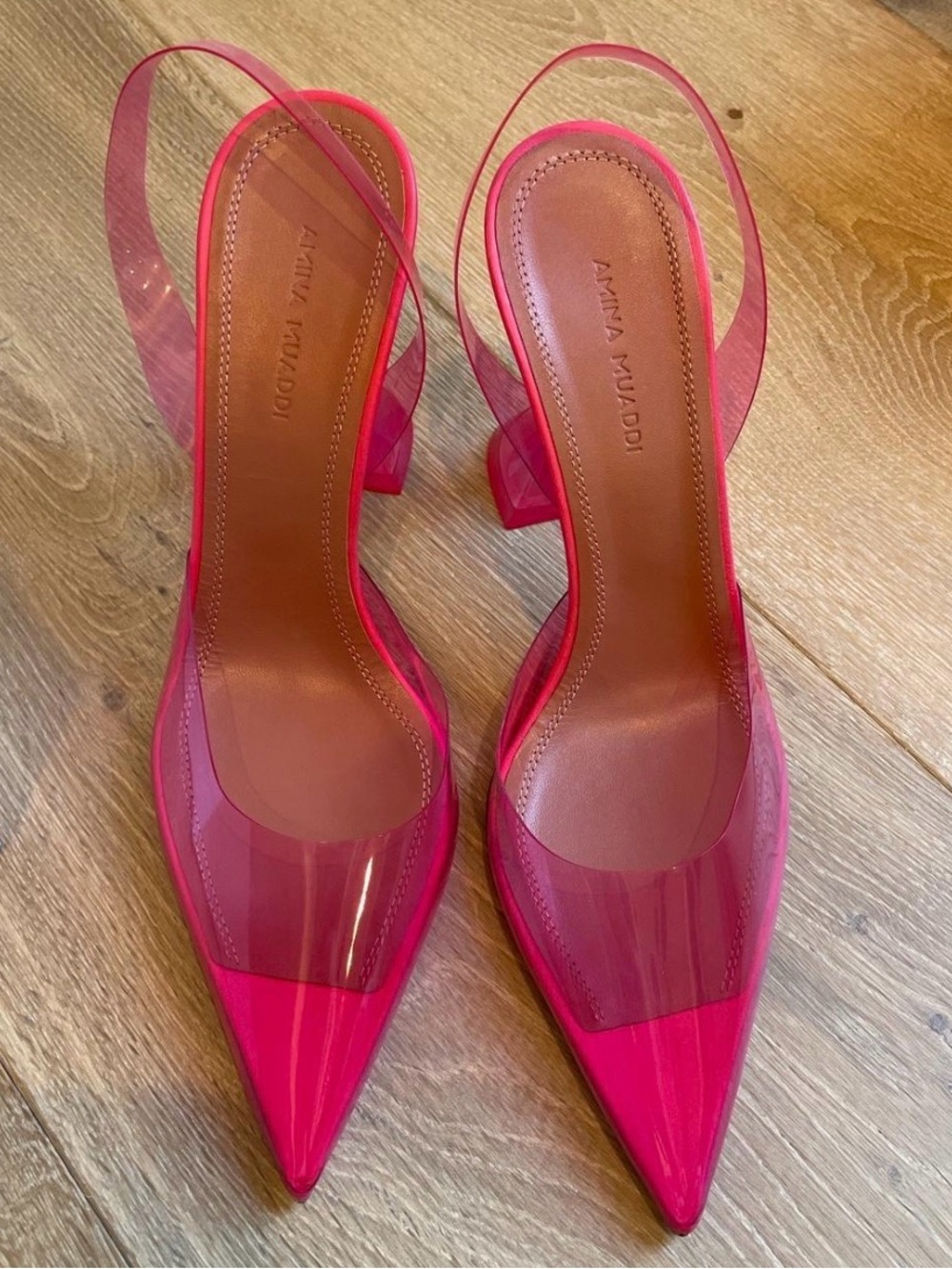 Amina Muaddi Fuchsia Pointed Slingback Pumps with Clear PVC